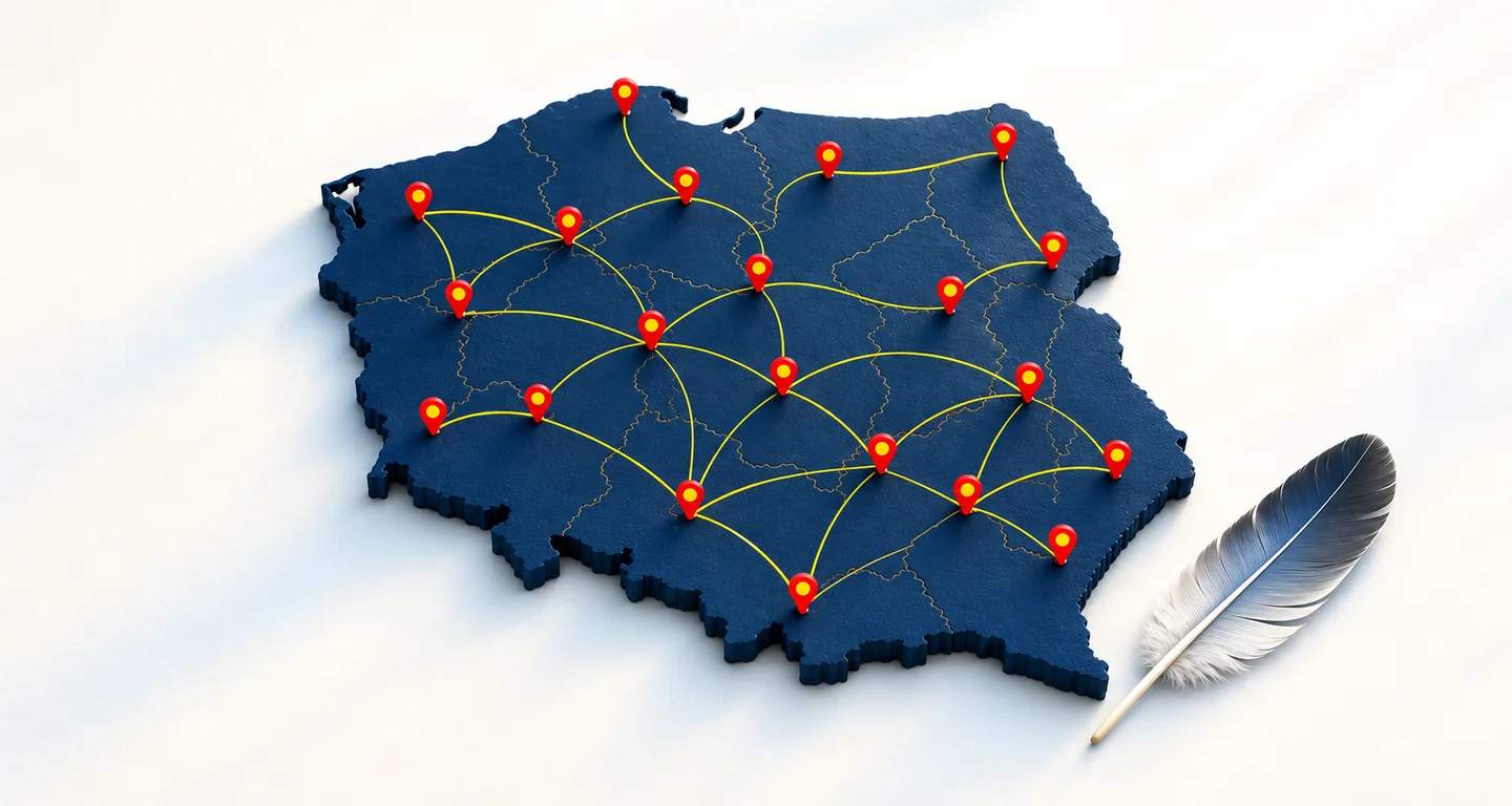 Ilustracja granatowej mapy Polski z czerwonymi pinezkami, żółtymi połączeniami i gołębim piórem